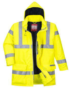Wodoodporna kurtka ostrzegawcza trudnopalna i antystatyczna Bizflame Rain S778 żółta